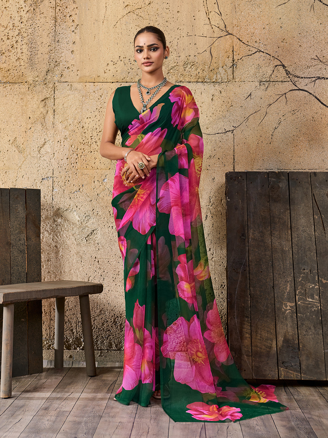  Georgette Flower Printed Style Saree in black colour