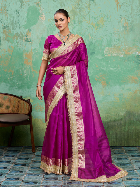  treding Tissue Silk saree in rani colour 