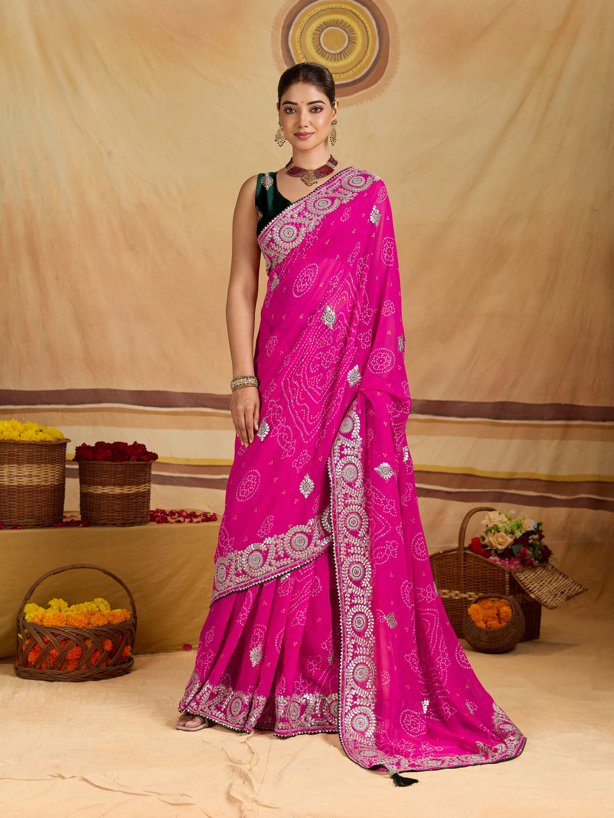 KcPc Georgette Bandhani Saree with Gotapatti Work AFN