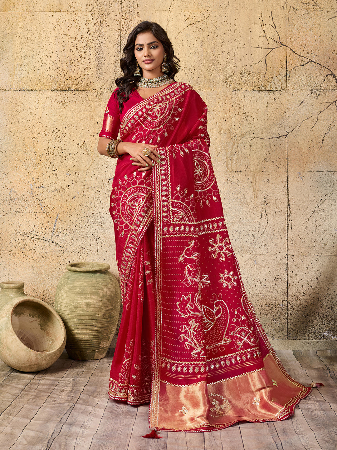 KcPc Royal Bandhani with Kachha Gota Patti Glow Modal Silk SareeAMT