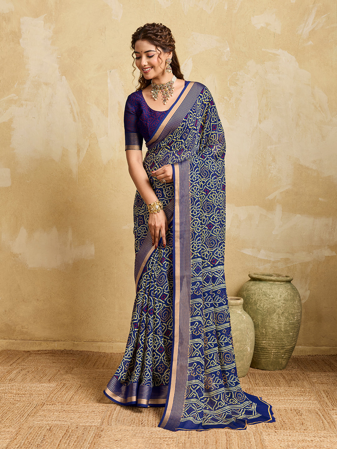 KcPc New Chiffon Bandhani Style Saree with Thread Weaving Border KDN