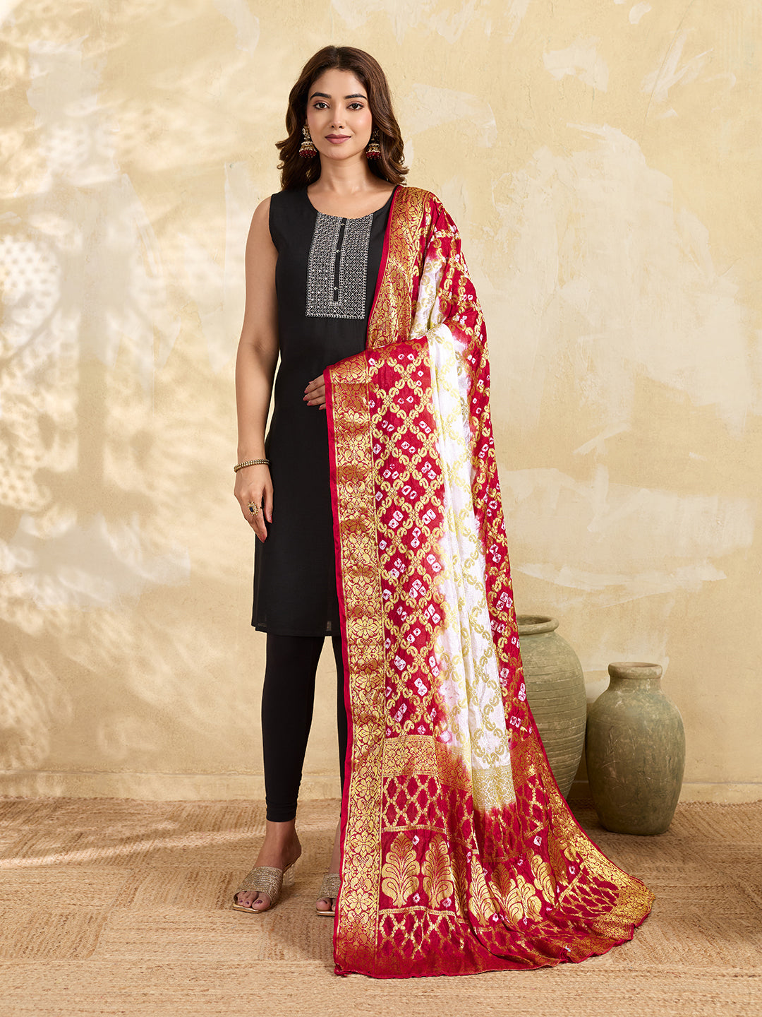 KcPc Special Silk Bandhani Dupatta with Handmade Work White RedSA