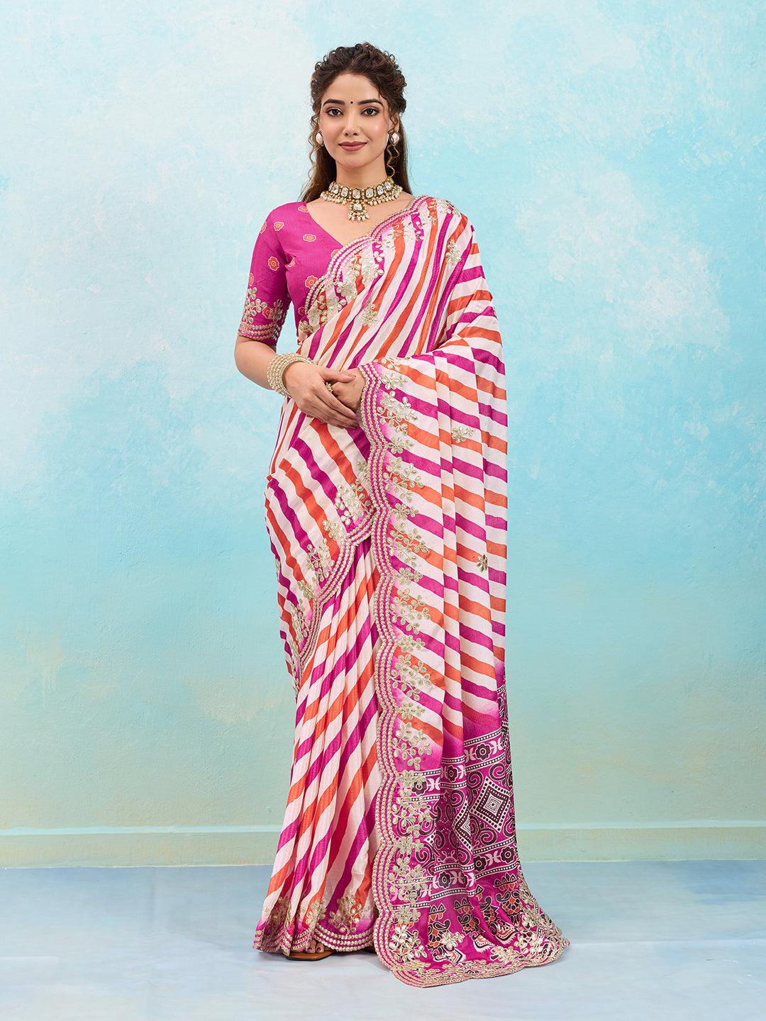 Buy Leheriya Chinon Silk Saree with Gotapatti Work Kcpc
