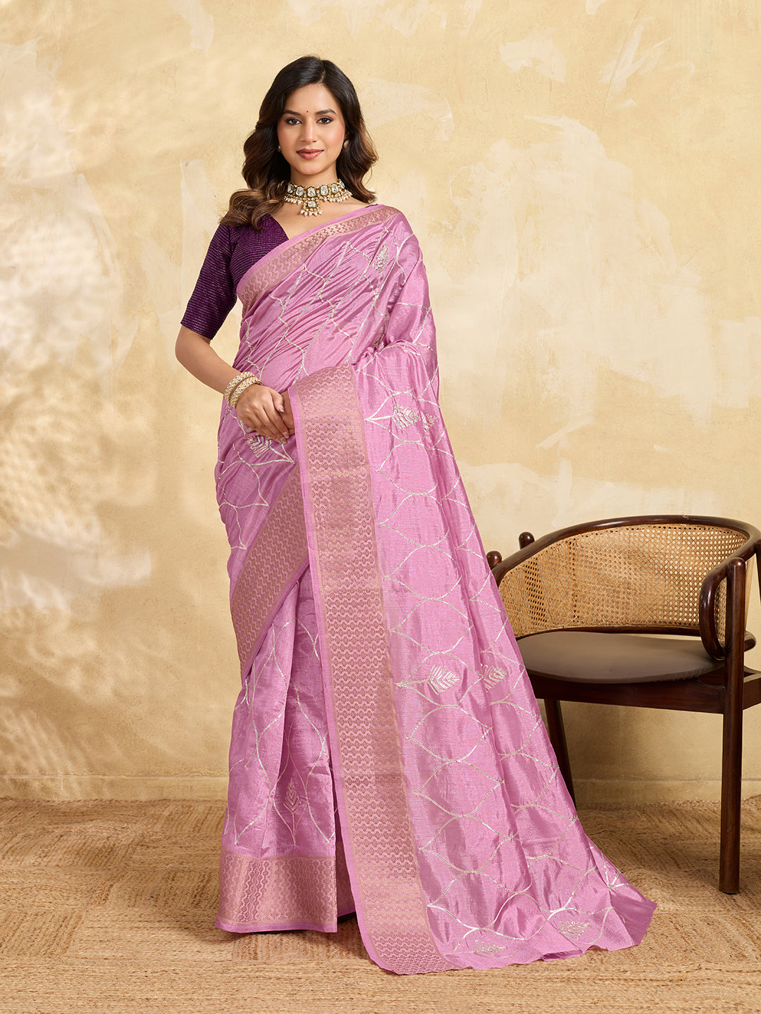 Cotton Silk Gotapatti Work Saree pink colour under 1000
