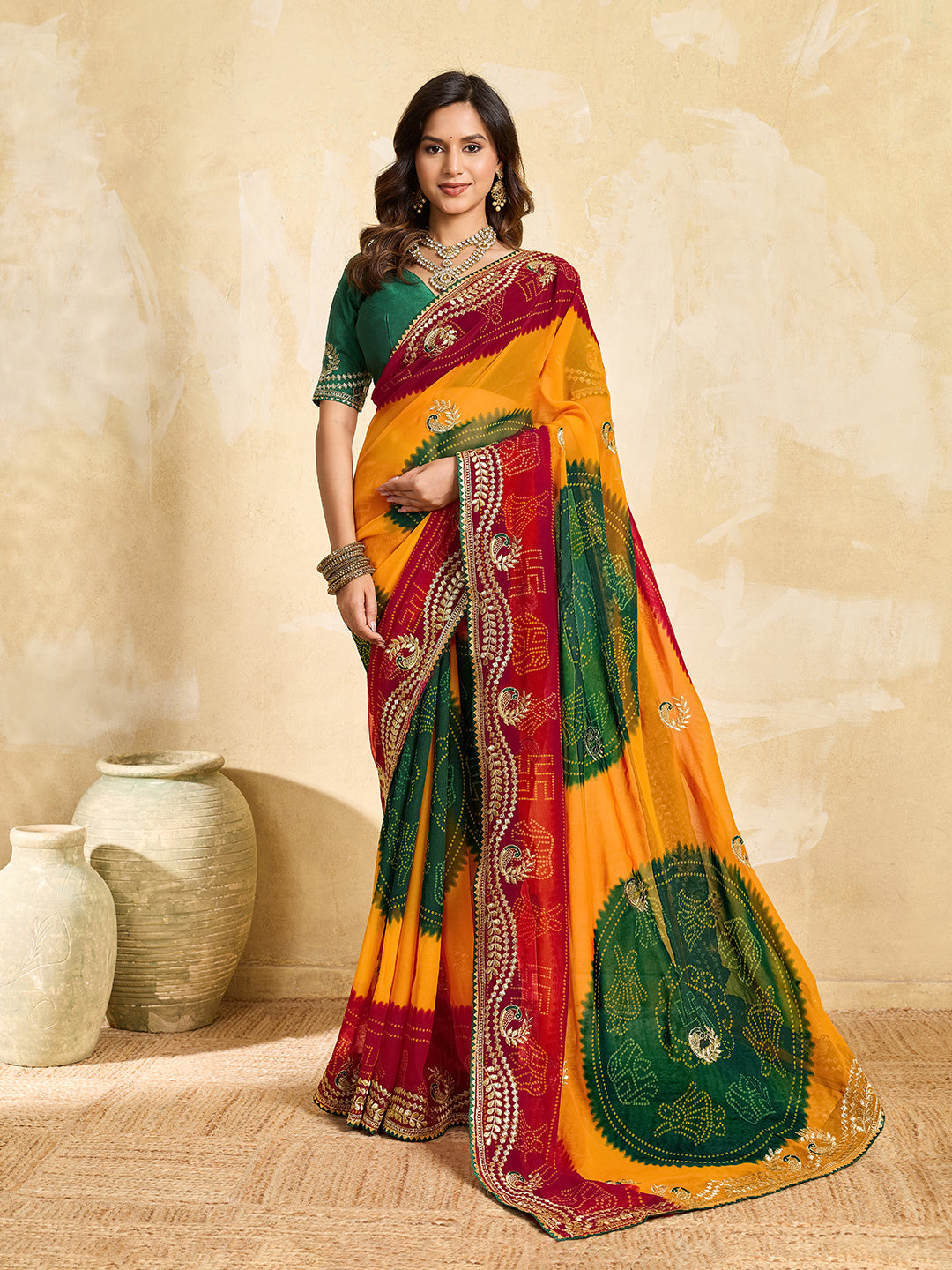 Buy Bandhani Saree With Embroidery Work