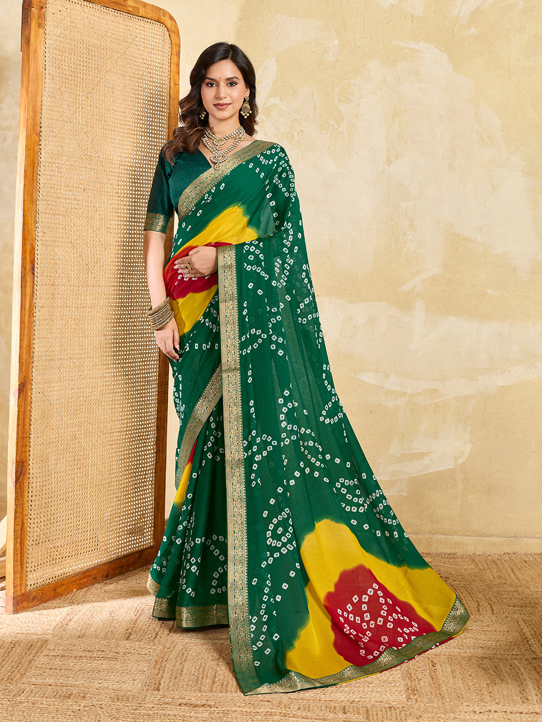 KcPc New Elegant Moss Chiffon Georgette Bandhani Saree with Zari Border KDN
