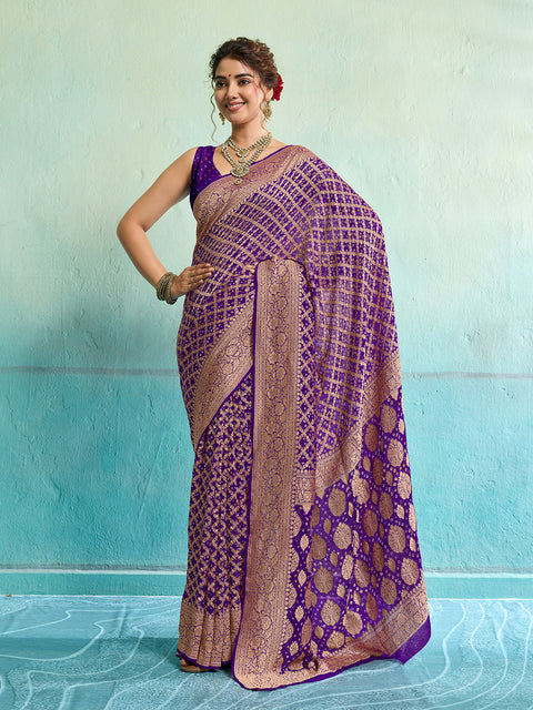 KcPc New Launch Pure Khaddi Georgette Upada Neemzari Bandhej Saree  Purple