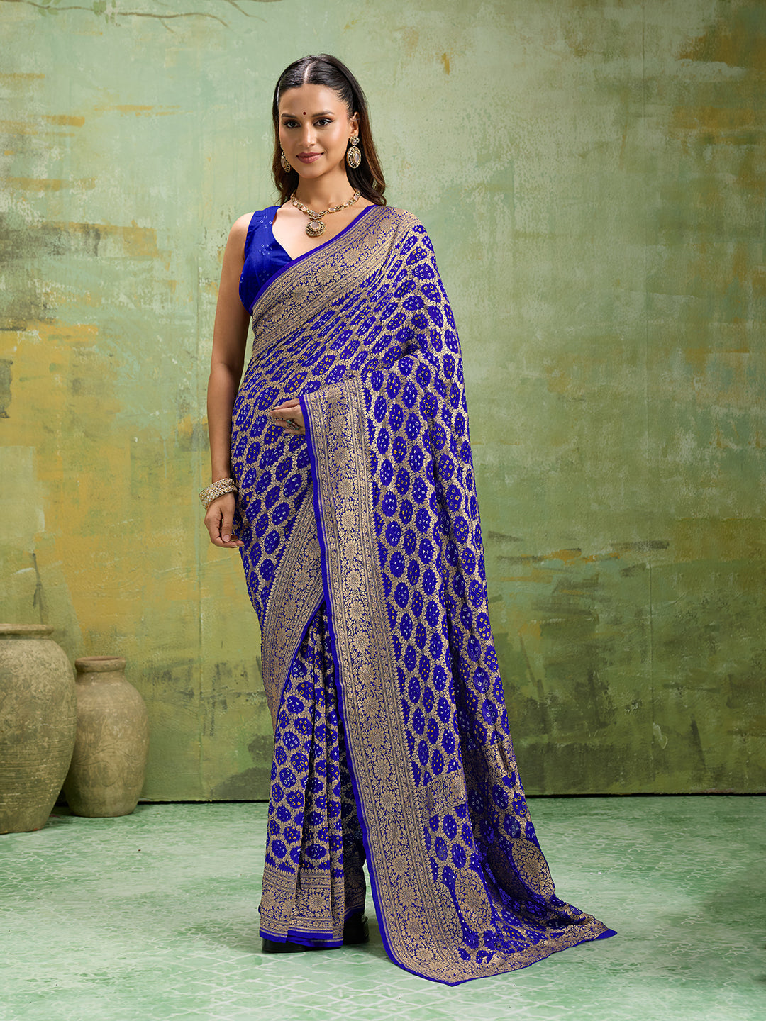KcPc New Launch Pure Khaddi Georgette Upada Neemzari Bandhej SareeRoyal Blue