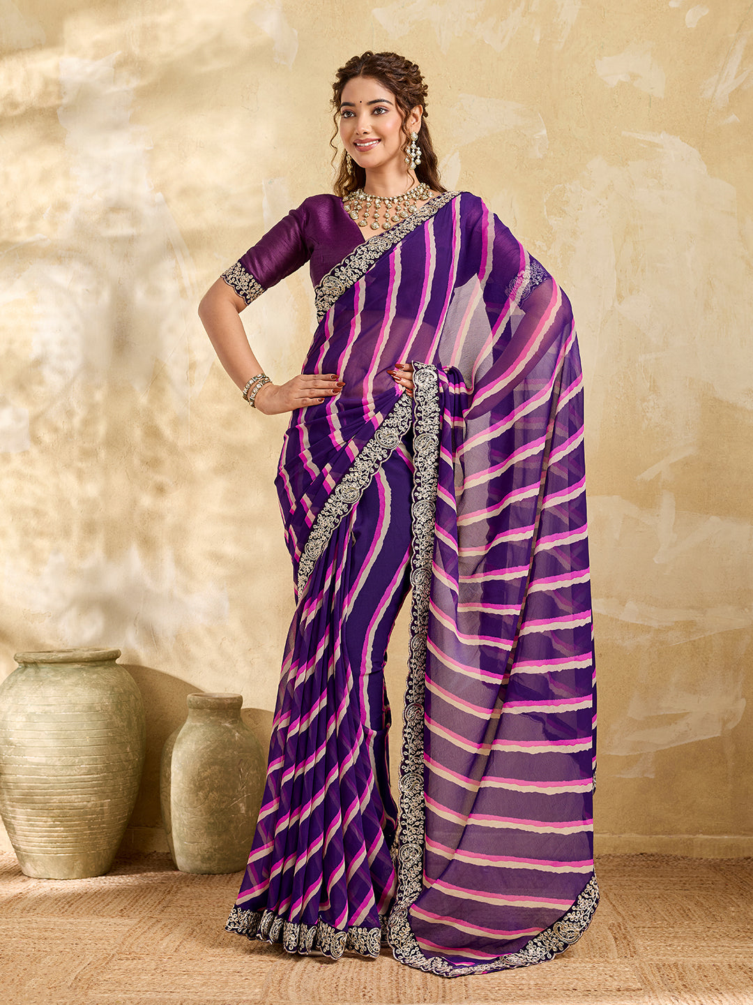 By Latest New Chiffon Leheriya Style With Embroidery Border Work Saree