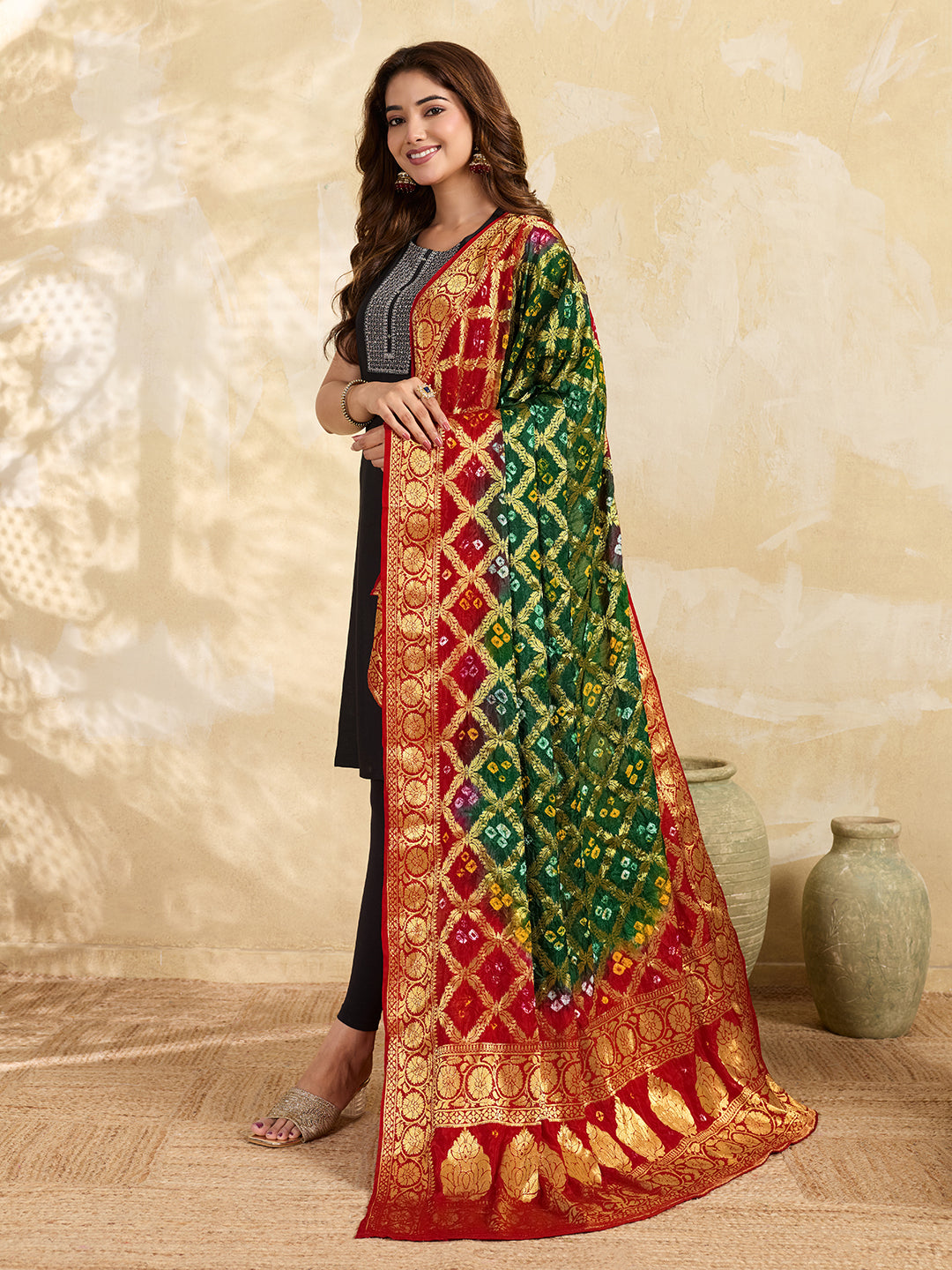 KcPc Jacquard Silk Bandhani Dupatta with Handmade Work