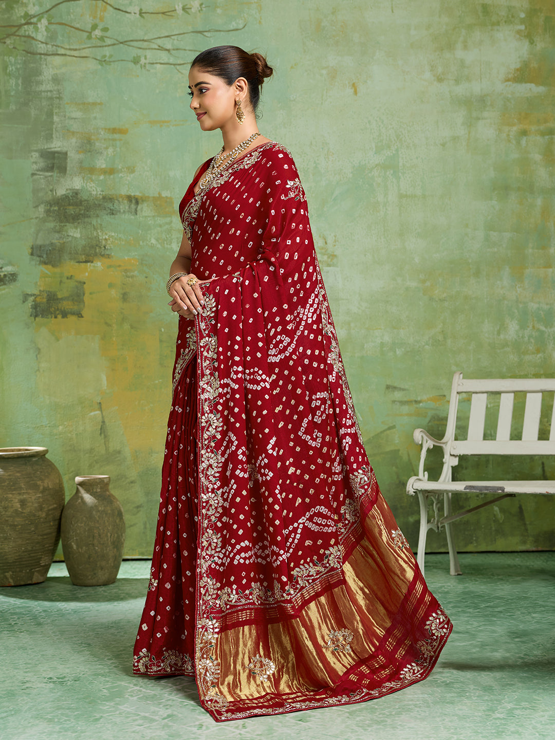 KcPc Special Bridal Gaji Silk Handmade Bandhej Saree With Gota Patti WorkSAM