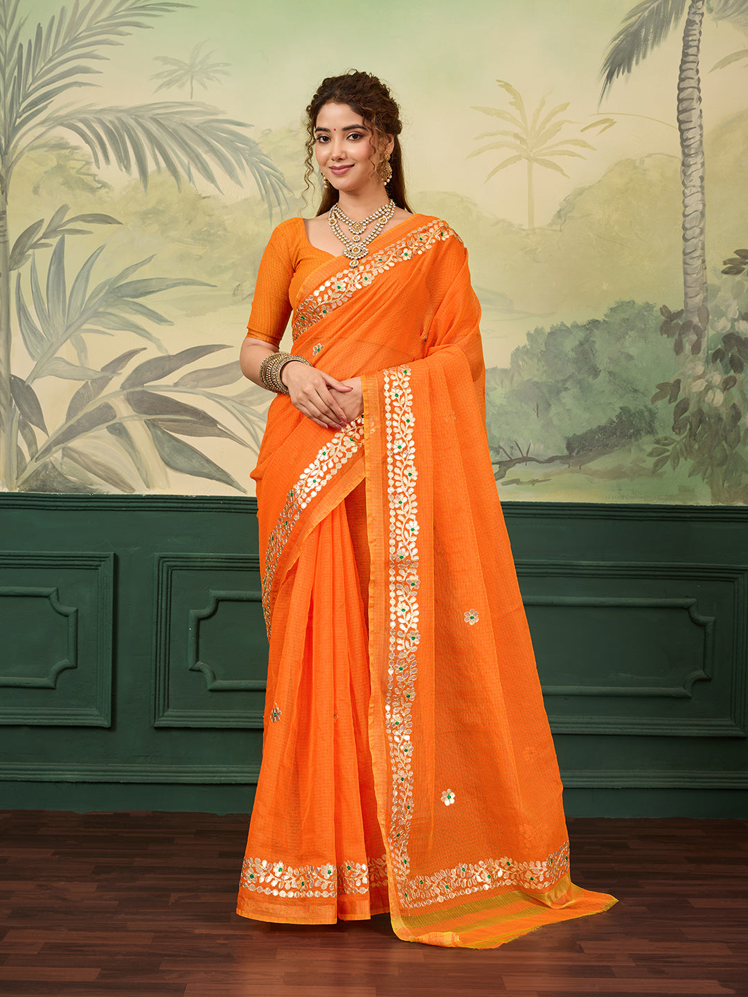 BuyKota doria cotton with Gota patti work saree Orange colour under 1000
