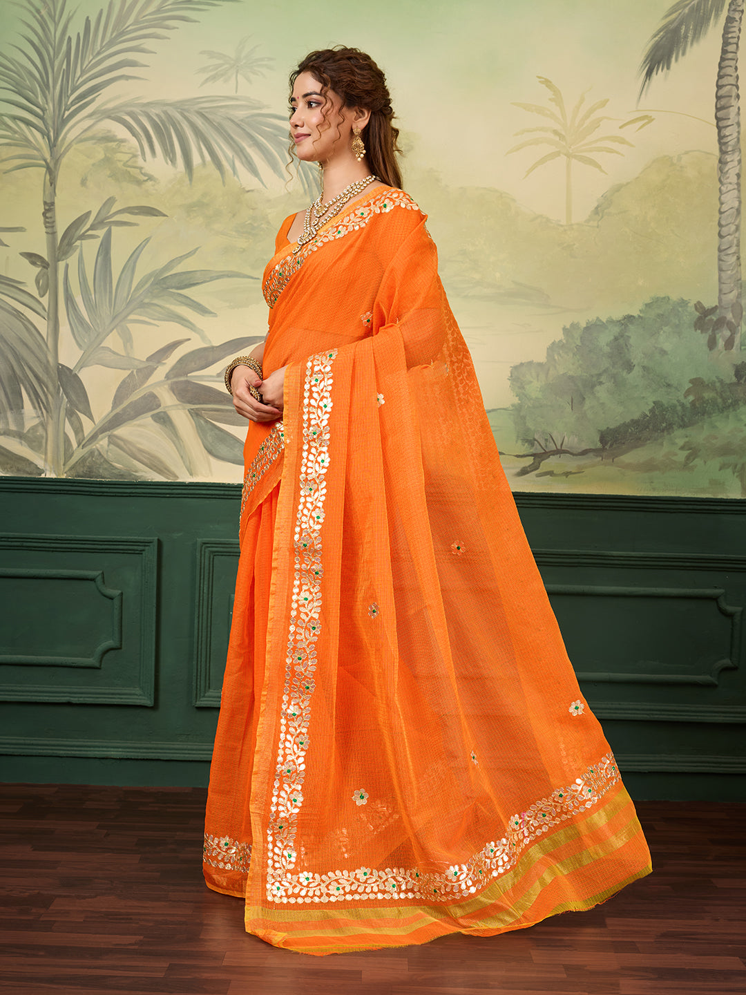 BuyKota doria cotton with Gota patti work saree Orange colour under 1000