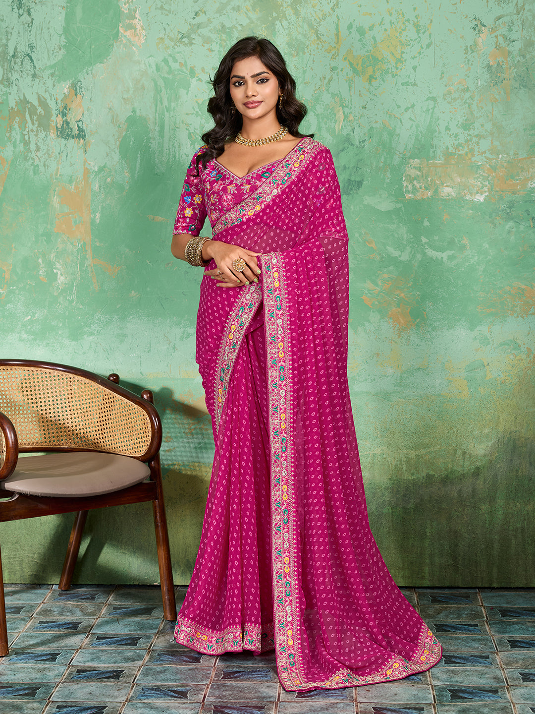 Georgette Bandhani With Gotapatti Work Saree 