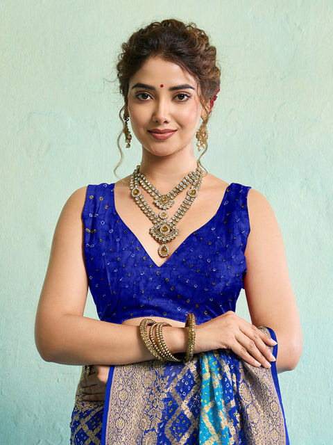 KcPc New Launch Pure Khaddi Georgette Upada Neemzari Bandhej Saree  Firozi Blue