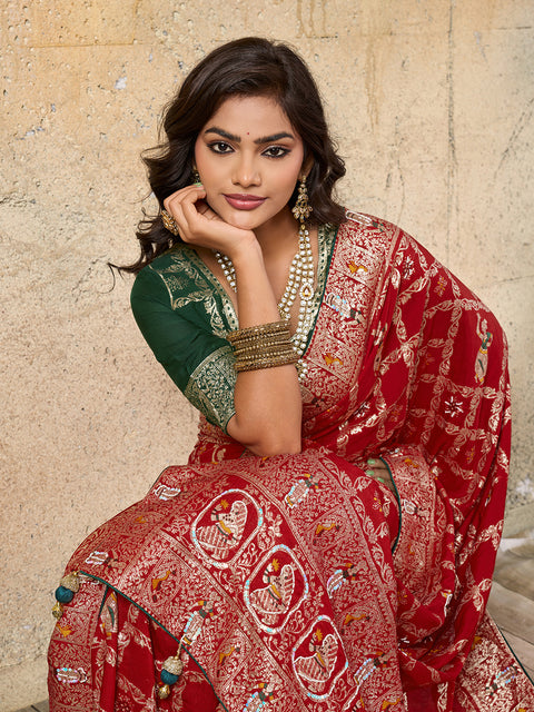 KcPc Designer Rajwadi style Gharchola Bandhej Sarees red pdm