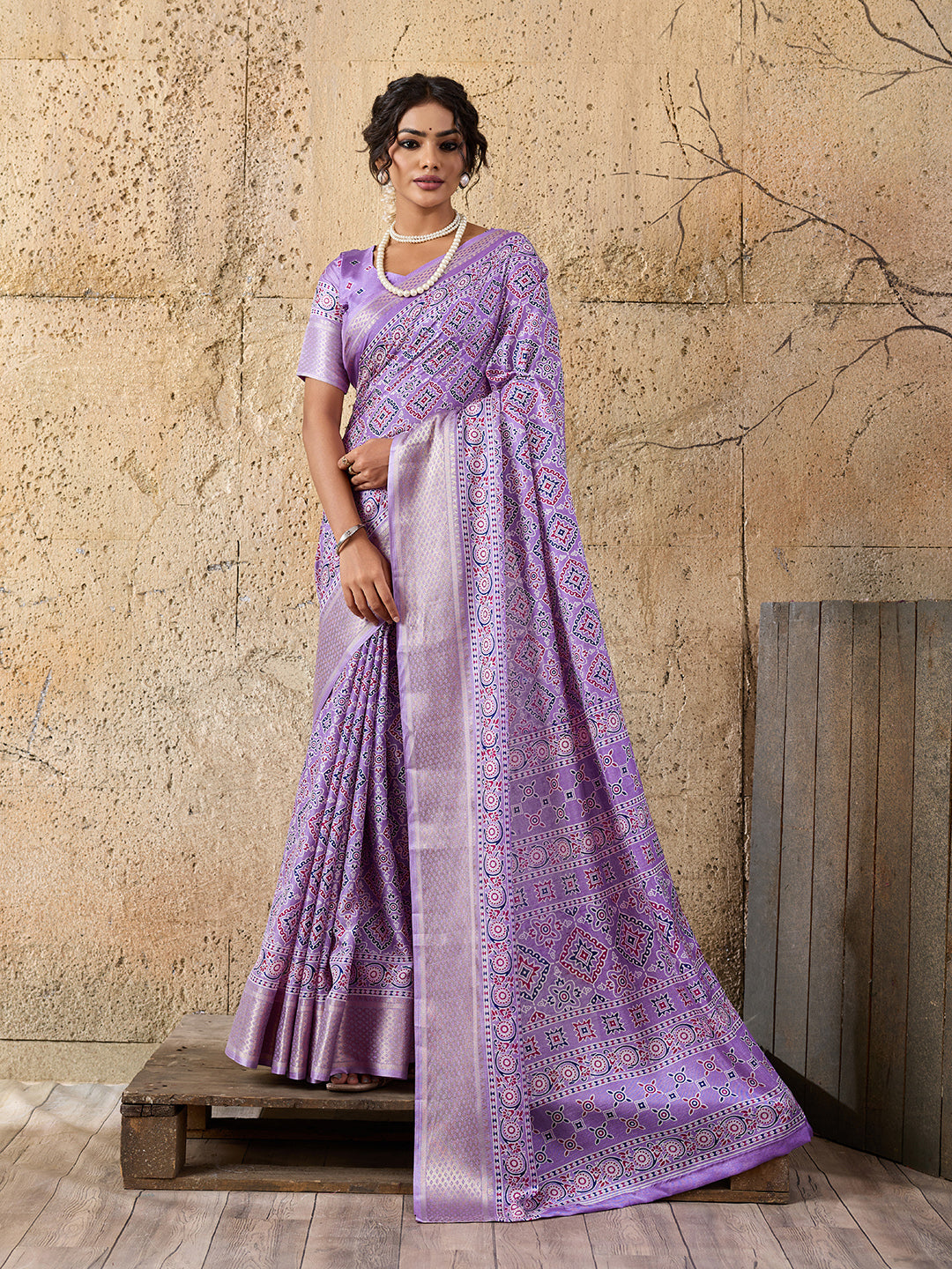 Cotton silk Ajrakh style Saree under 1000