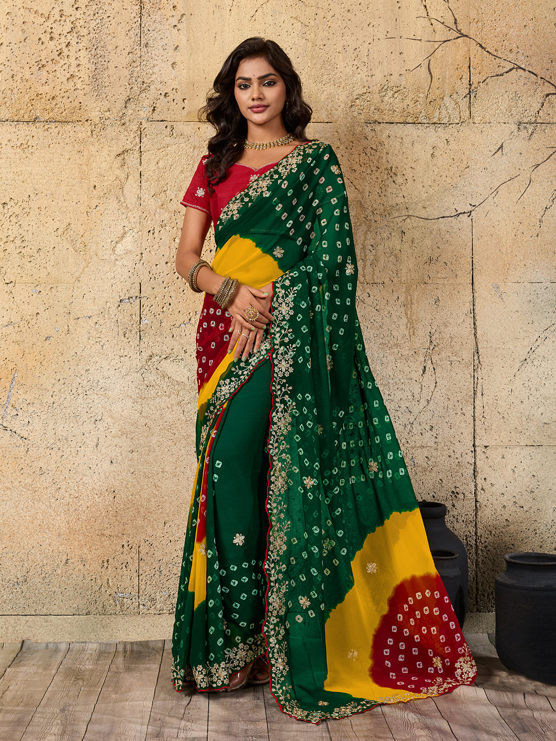 Buy Georgette Bandhani Saree With Festive Wear Kcpc