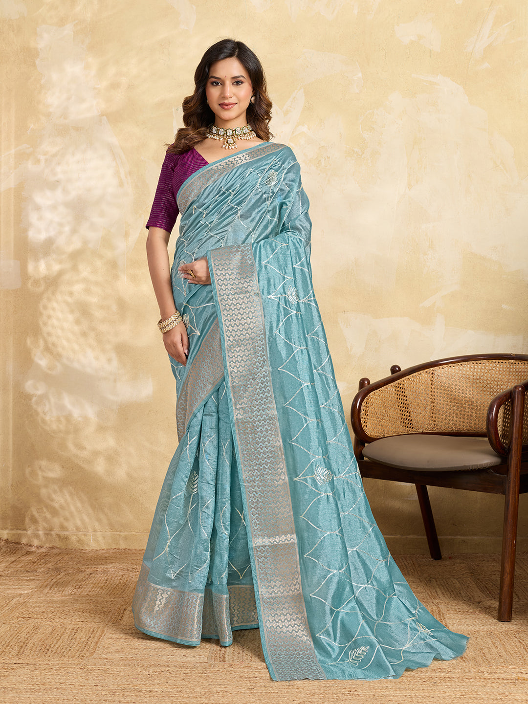 Cotton Silk Gotapatti Work Saree sky blue colour under 1000