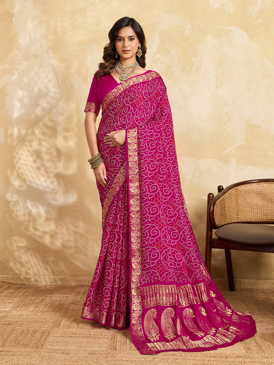 KcPc New Gaji Silk Bandhani Saree with Zari Border WorkSATISH