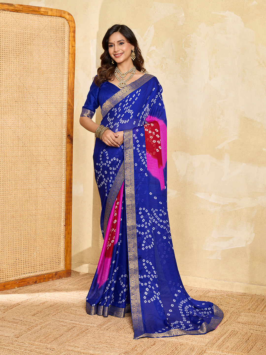 KcPc New Classic Bandhani Style Moss Chiffon Georgette Saree with Rich Zari Border KDN