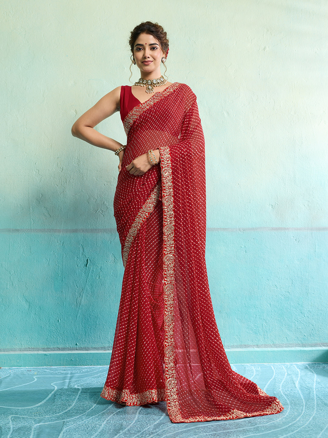 Buy New Spiceal Chiffon Leheriya Style With Embroidery Border Work Saree