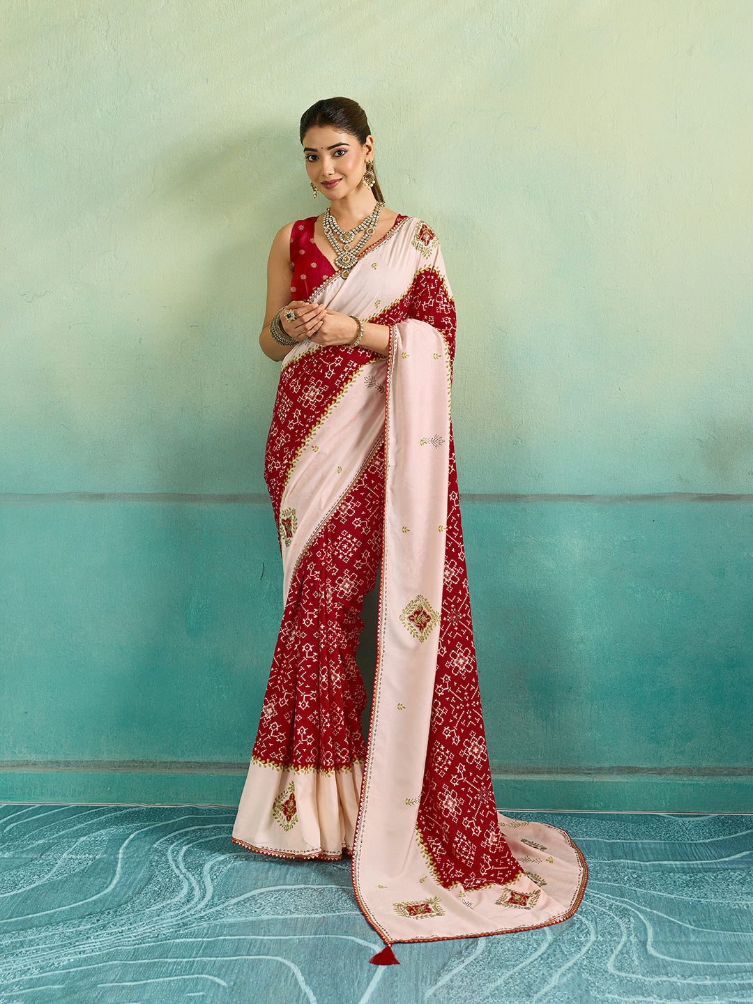 KcPc New Ajrakh Style Creap Silk Saree with Stone Work Saree STR
