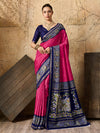 a pink and navy Silk Printed Style With Zari Border Work Saree