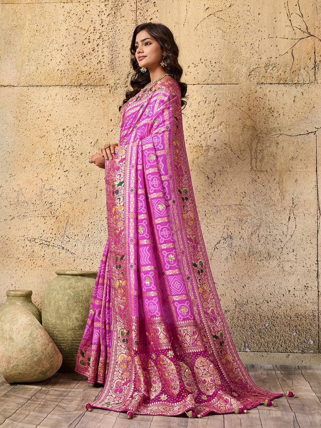  Georgette Gharchola Bandhej Cutdana Gotapatti Work Saree