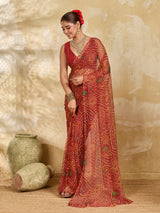 A red colour saree with bandhani style under 500