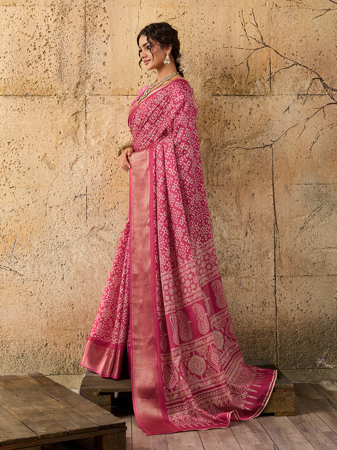 KcPc New Special Cotton silk Ajrakh style With Ajrakh HandPrint Work Saree STL