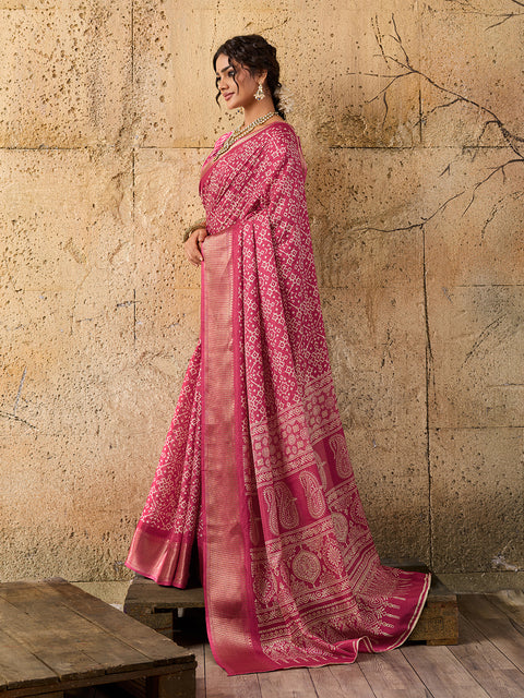 KcPc New Special Cotton silk Ajrakh style With Ajrakh HandPrint Work Saree STL