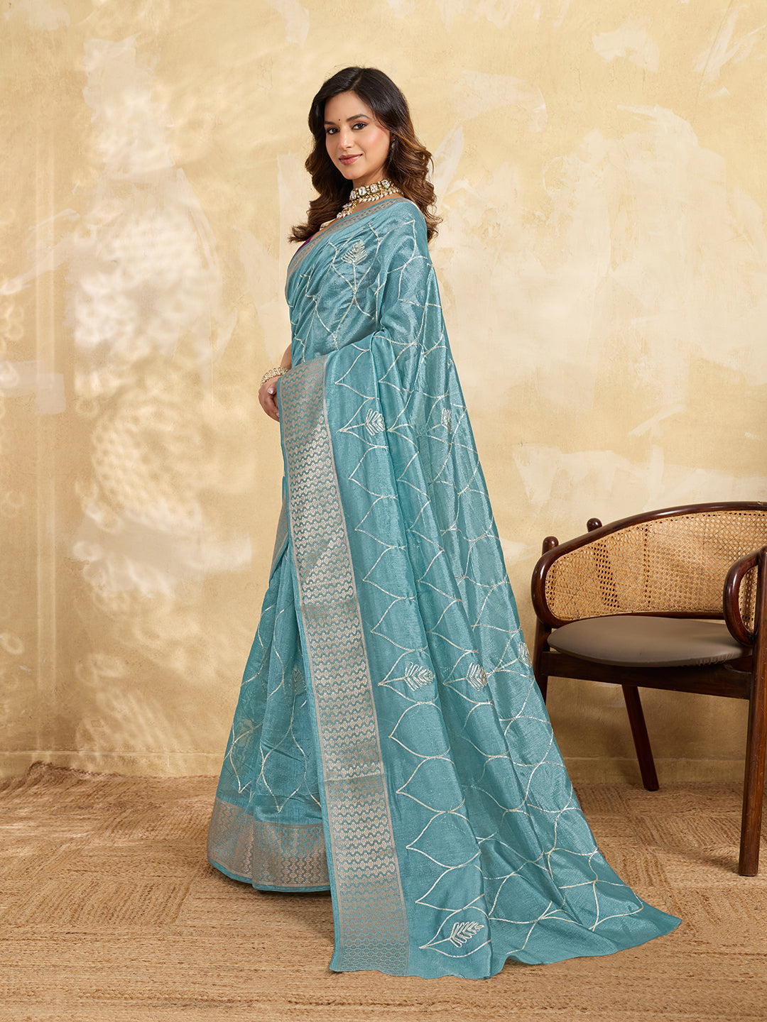 Cotton Silk Gotapatti Work Saree sky blue colour under 1000