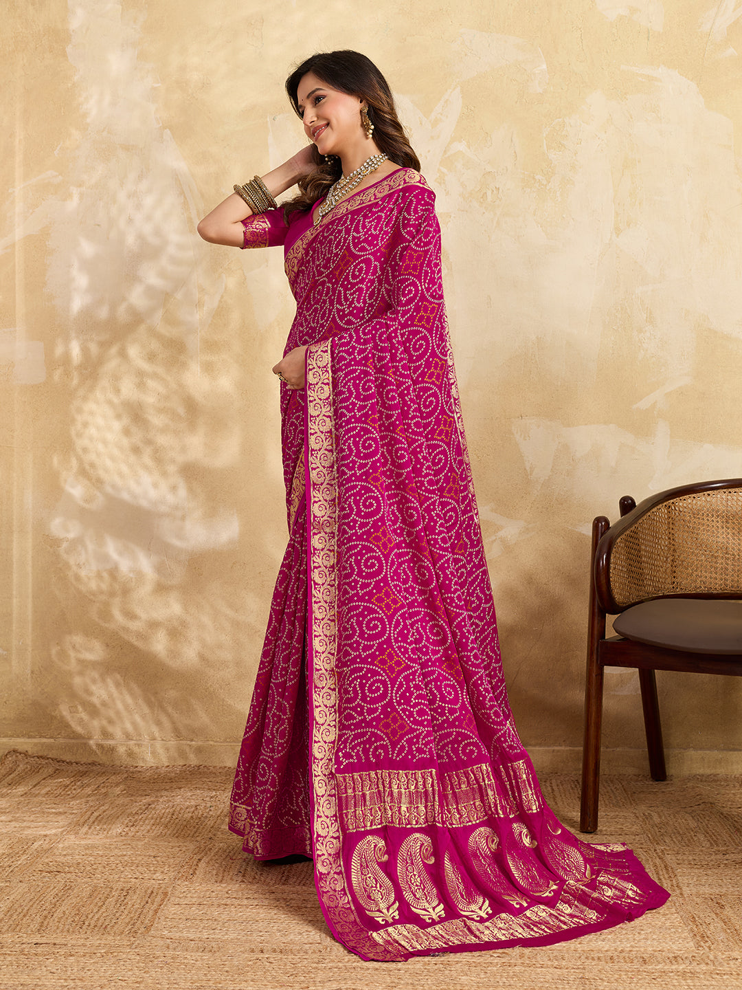 KcPc New Gaji Silk Bandhani Saree with Zari Border WorkSATISH
