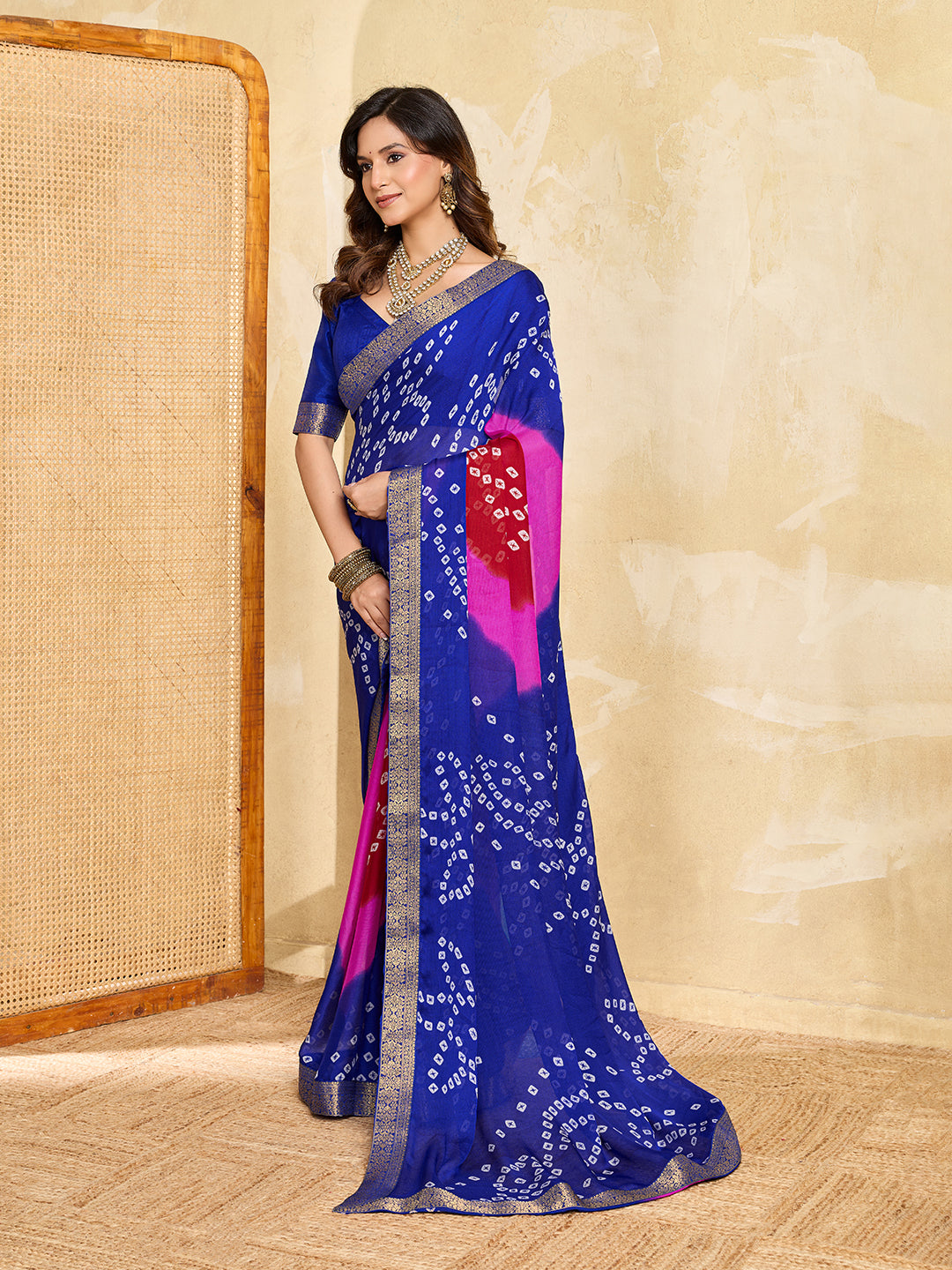 KcPc New Classic Bandhani Style Moss Chiffon Georgette Saree with Rich Zari Border KDN
