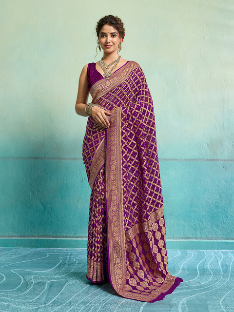 KcPc New Launch Pure Khaddi Georgette Upada Neemzari Bandhej Saree Purple D1