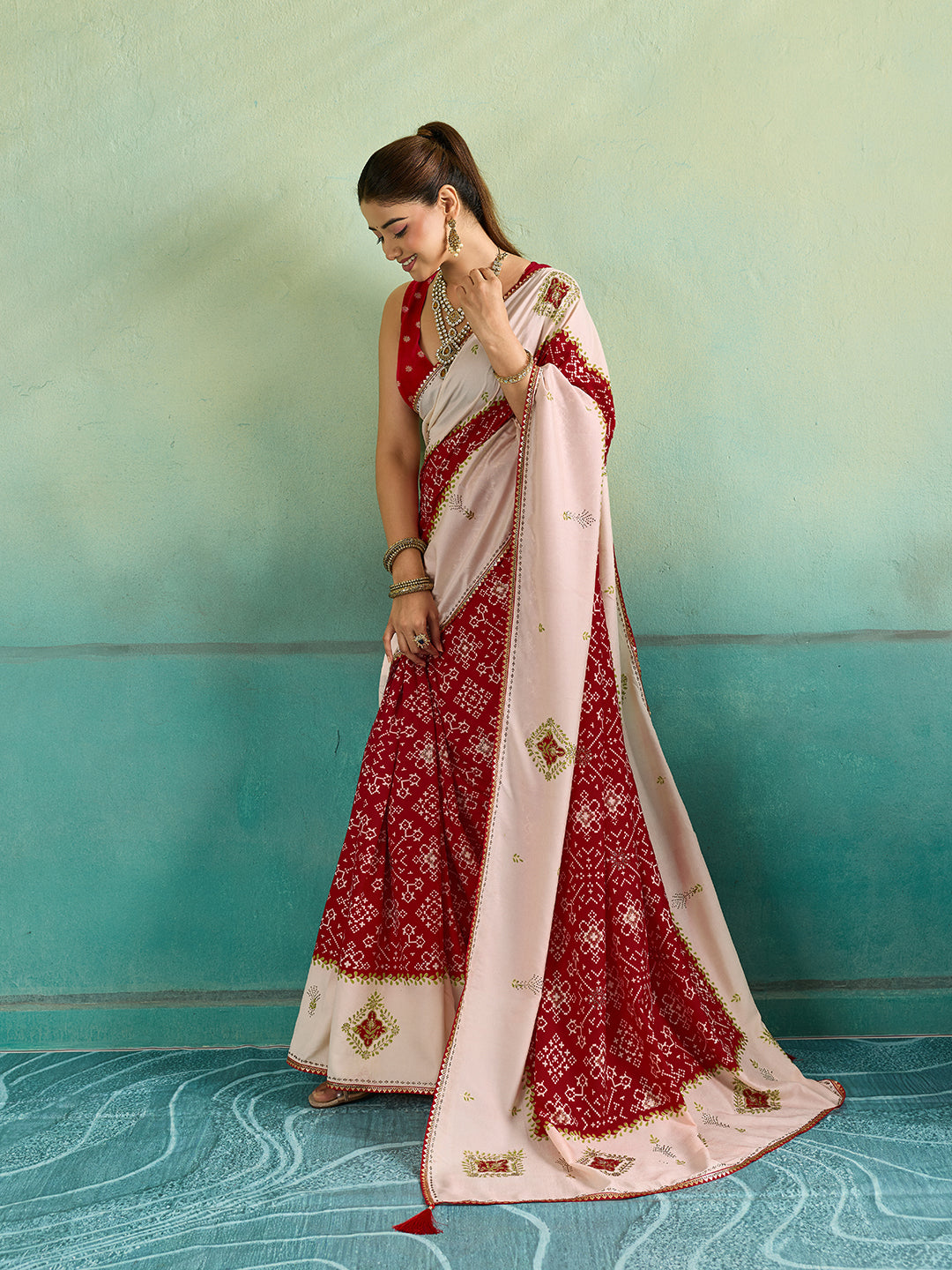 KcPc New Ajrakh Style Creap Silk Saree with Stone Work Saree STR