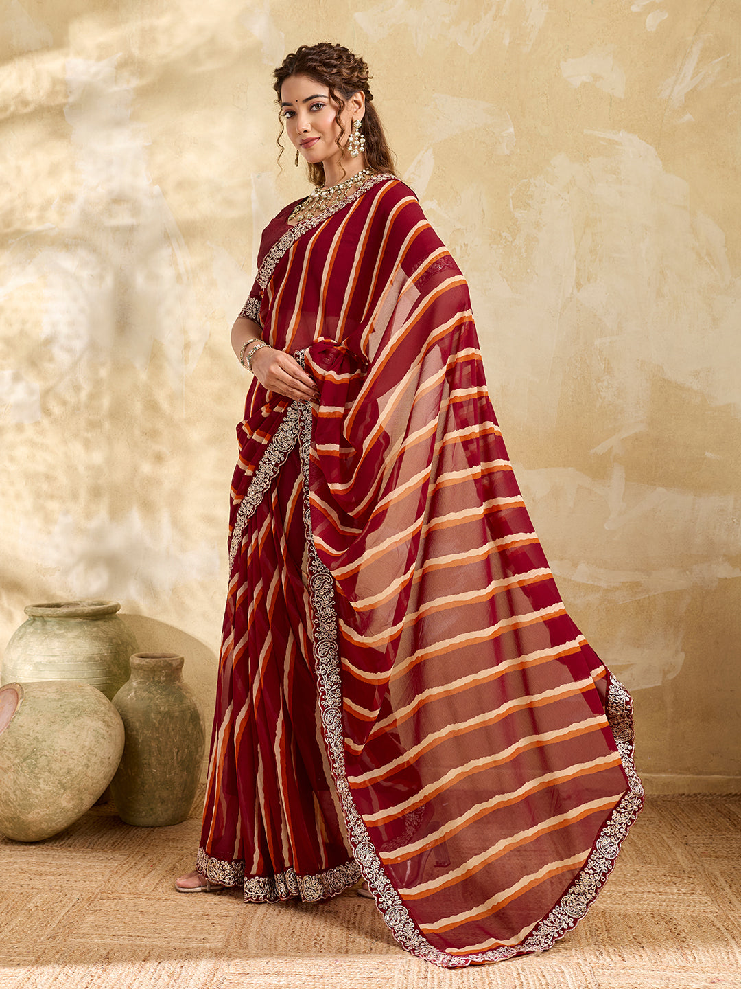 KcPc New Spiceal Chiffon Leheriya Style With Embroidery Border Work Saree STL