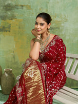 KcPc Special Bridal Gaji Silk Handmade Bandhej Saree With Gota Patti WorkSAM