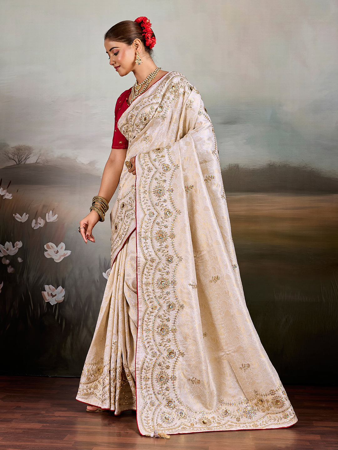 Buy Designer Saree with Embroidery Tari Work Kcpc Image 2