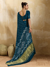 A blue saree with bandhani print and a lagdi patla pallu, 