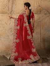 A red saree with floral embroidery 