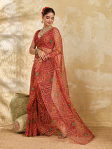 A red colour saree with bandhani style under 500