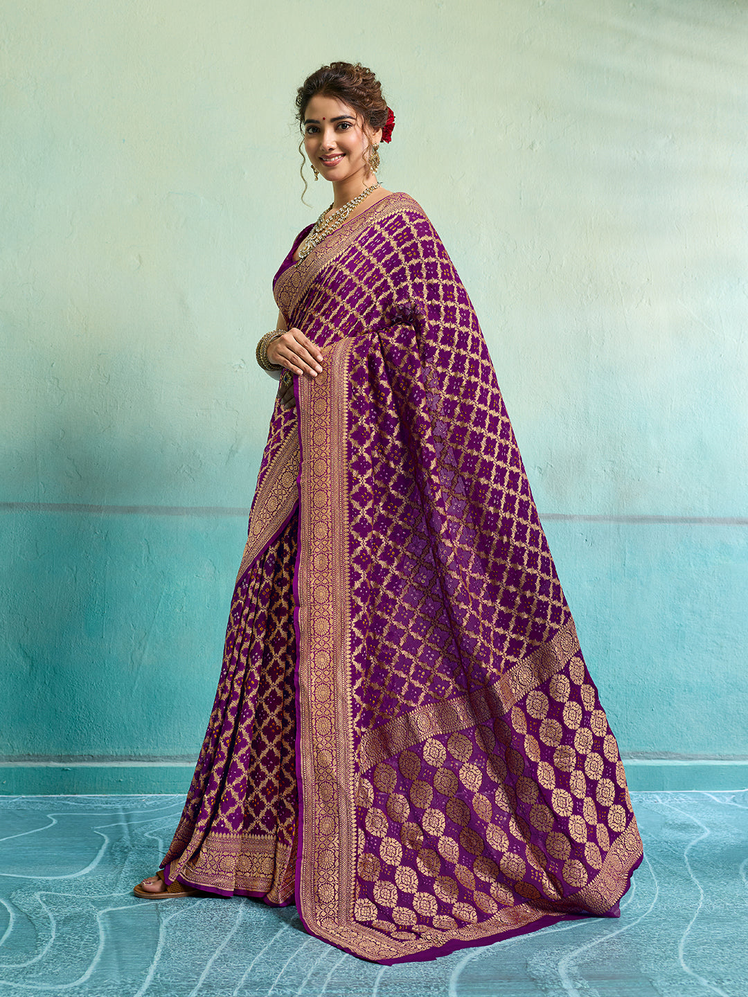 KcPc New Launch Pure Khaddi Georgette Upada Neemzari Bandhej Saree Purple D1