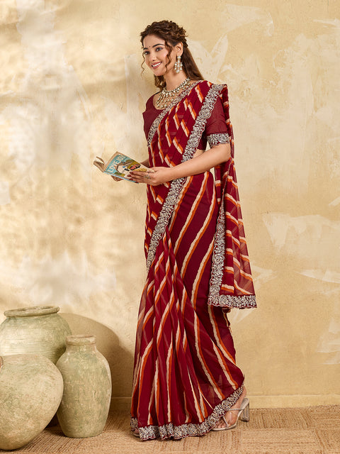 KcPc New Spiceal Chiffon Leheriya Style With Embroidery Border Work Saree STL