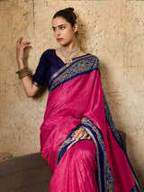 a pink and navy Silk Printed Style With Zari Border Work Saree
