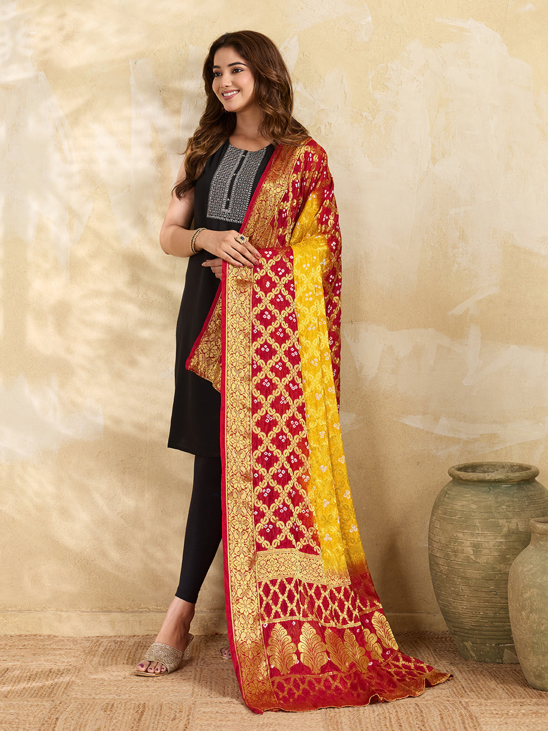 KcPc Premium Jacquard Silk Bandhani Dupatta with Traditional Handmade Detailing