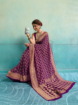KcPc New Launch Pure Khaddi Georgette Upada Neemzari Bandhej Saree Purple D1