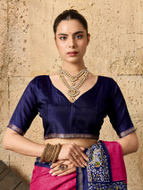 a pink and navy Silk Printed Style With Zari Border Work Saree