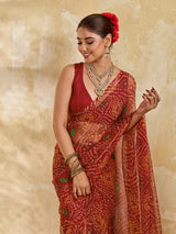 A red colour saree with bandhani style under 500